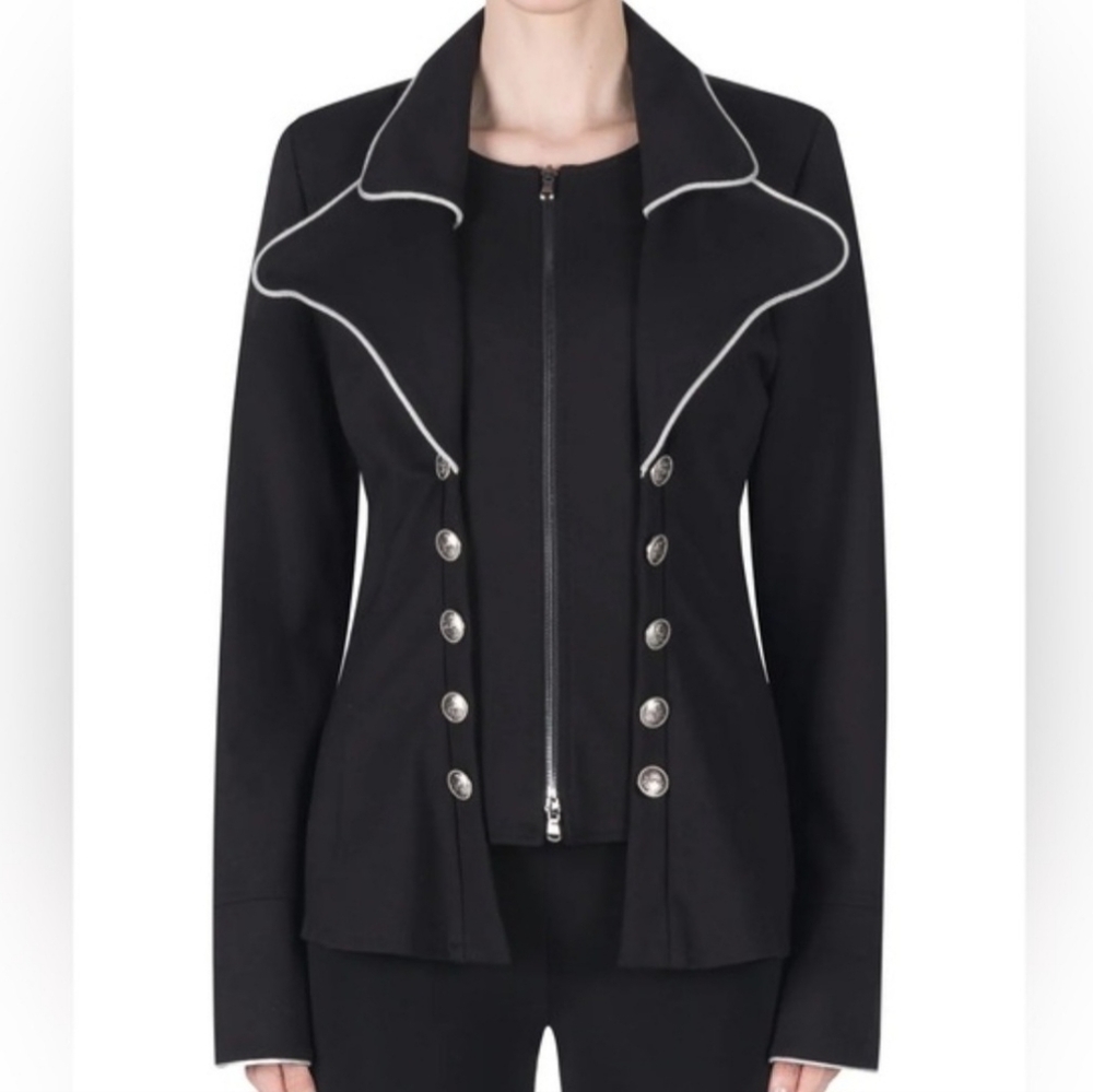 Joseph Ribkoff Black Military Style Blazer with Silver Buttons But Zip Front EUC